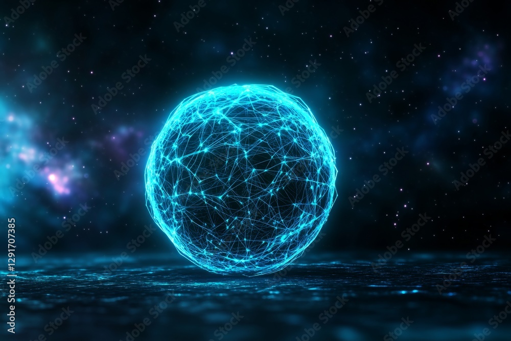 Aufkleber A glowing, futuristic sphere with network connections radiating from it, set against the backdrop of deep space with distant stars and galaxies in soft focus. The scene conveys an impression