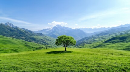 Obraz premium Lone tree on green hill, mountain backdrop, sunny day, nature scene, landscape photography