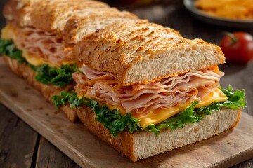 Obraz premium A delicious sandwich features multiple layers of turkey and cheese, garnished with crisp lettuce on toasted bread, prepared on a wooden cutting board
