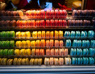 Rows of colorful macarons displayed in a chic patisserie window in Marseille.