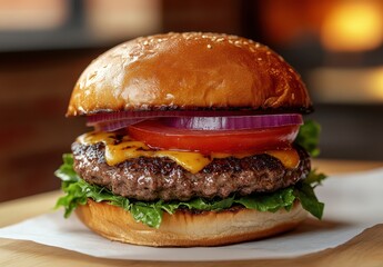 Juicy cheeseburger featuring fresh lettuce, ripe tomato, grilled onion, and melted cheddar cheese on a sesame seed bun against a blurred background