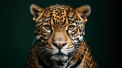 Fototapeta premium A full-body photograph of an adult jaguar against a dark green background