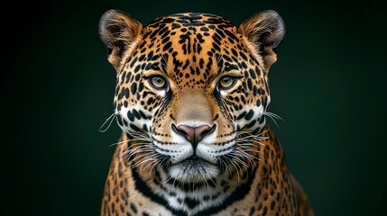 Fototapeta premium A full-body photograph of an adult jaguar against a dark green background