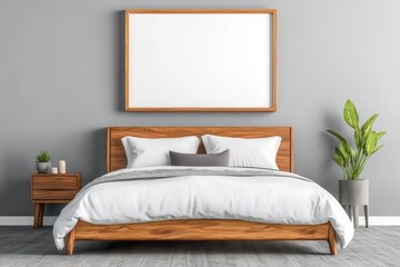A minimalist bedroom with a large, blank picture frame on the wall above an elegant bed, creating space for your product or advertisement. The room is bathed in soft lighting and features neutral