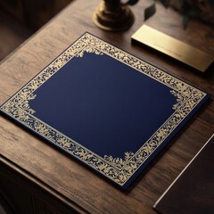 Fototapeta premium luxury certificate mockup with gold ornate border on wooden desk