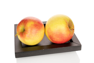 Two juicy apples on a black wooden tray, close-up, isolated on a white background.