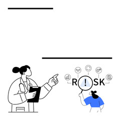 Doctor with clipboard points to risk represented by a magnifying glass and icons for system analysis, control, innovation, teamwork, and decision-making. Ideal for healthcare, medicine, diagnosis