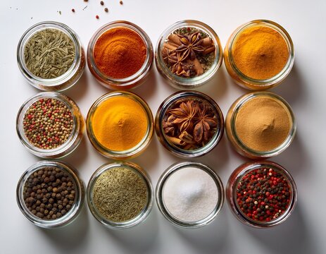 Fotograf&iacute;a de estudio profesional de diferentes frascos de especias de cocina, estilo ultrarrealista, realista, 4k