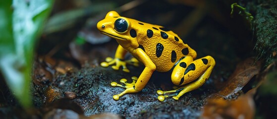 Fototapeta premium Yellow Poison Dart Frog (Dendrobates Leucomelas) in Nature