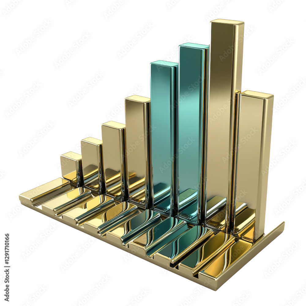 Leinwandbilder 3d bar graph in gold and teal colors representing data growth and analysis