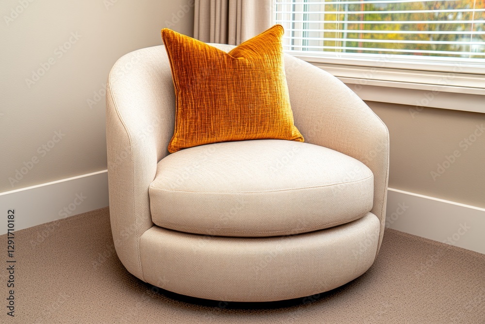 Poster a mockup of an empty wall in the corner, a large round beige armchair with soft cushions and some sm