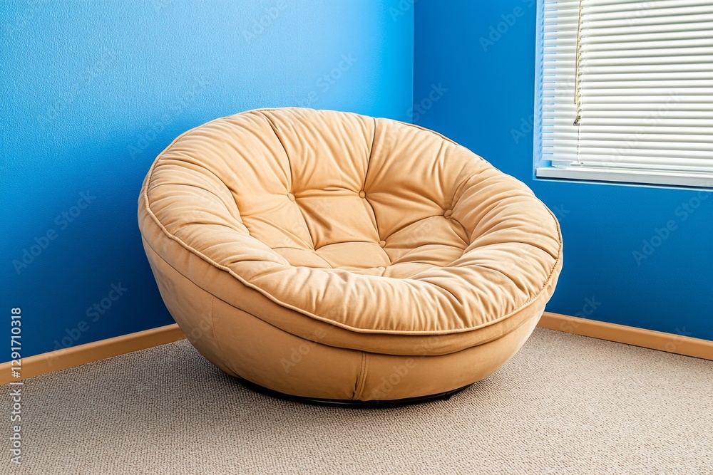 Poster a mockup of an empty wall in the corner, a large round beige armchair with soft cushions and some sm