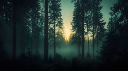 Obraz premium Mystical Forest: A captivating capture of a serene forest engulfed in a dense mist, with towering trees reaching towards a soft.