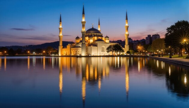 Crescent moon reflecting over mosque by tranquil lake at dusk, serenity