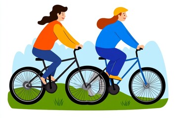 Obraz premium a 2D cartoon illustration of a couple riding bicycles along a scenic route, romantic and active, white background