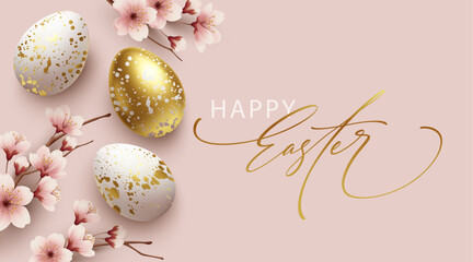 Elegant Easter Greeting Card with Gold and White Decorative Eggs and Spring Cherry Blossom Flower Decorations