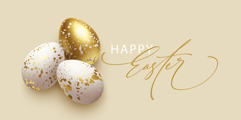 Elegant Golden Easter Egg Design Featuring White and Gold Decorated Eggs and Happy Easter Greeting