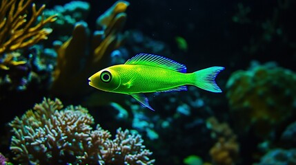 Obraz premium A neon-green robotic fish swimming through a coral reef, gathering data on marine health, its sensors glowing in the dark waters.