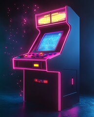 Retro neon arcade game console in dark room.