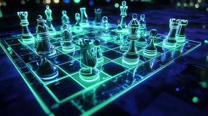 A neon-green and blue chessboard with AI pieces that glow and move autonomously, challenging a human player with unpredictable strategies.