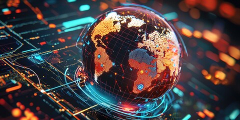 A digital globe illuminated with glowing connections represents global networking and data flow in a modern, technological landscape.