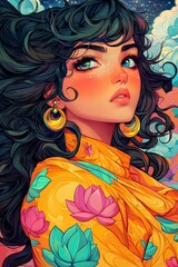 Dreamy Portrait of a Young Woman with Flowing Dark Hair and Lotus Flower Embroidered Clothing