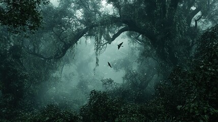 Obraz premium A mist-covered rainforest, towering ancient trees wrapped in vines, with birds and small animals moving in the dense underbrush.
