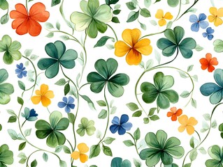 Obraz premium seamless pattern featuring vibrant green shamrocks (clovers) intertwined with delicate curling vines on a white background. Small yellow, red and blue flowers are scattered throughout