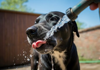 Thirsty black and white labrador drinking water from garden hose, cooling down during scorching summer afternoon