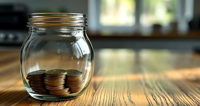 A glass jar filled with golden coins sits on a wooden table, representing savings and financial security.