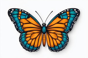 Obraz premium A realistic butterfly with wings spread, colored in orange and teal on a white background. The butterfly has black dots at the edge of its wing tips. It is positioned upright against an isolated