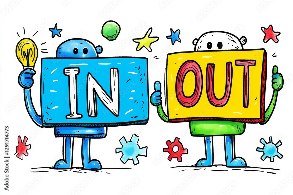 Poster a simple cartoon drawing of an ai robot with the words 