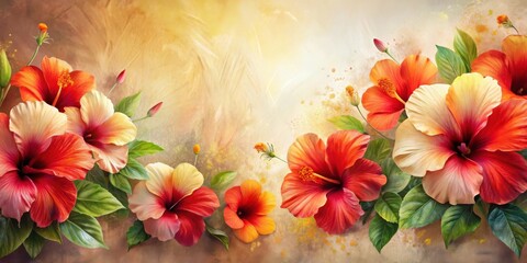 A vibrant display of hibiscus blossoms, painted with rich hues and detailed artistry, set against a soft, textured background