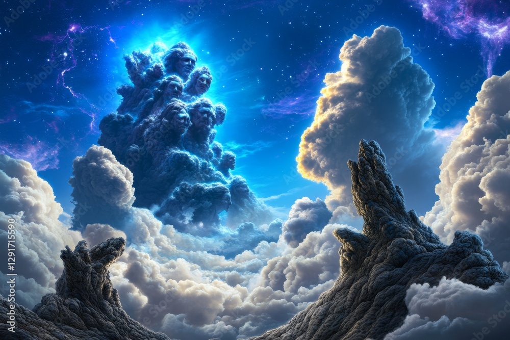 Poster a surreal digital artwork portraying an ethereal scene of multiple human figures, each with long arm