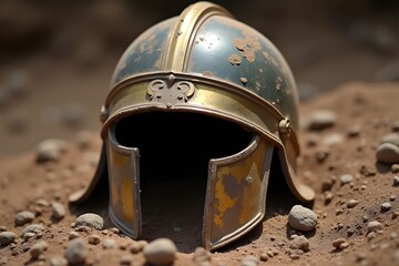 A broken Roman helmet discarded near Golgotha, covered in dust and scratches.