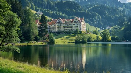 Fototapeta premium Mountains, hill, lake and beautiful hotel building, people to rest be side lake. around trees, green, grass. Sky clean, sunny day.
