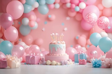 balloons and a cake are in the background with a pink and blue backdrop