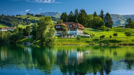 Fototapeta premium Mountains, hill, lake and beautiful hotel building, people to rest be side lake. around trees, green, grass. Sky clean, sunny day.
