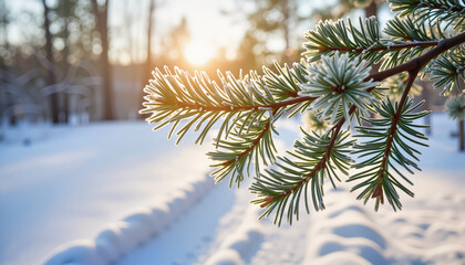Frosted pine needles glistening on snowy path, winter serenity