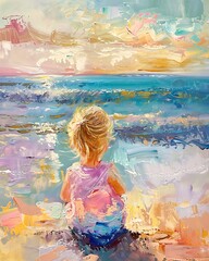 painting of a little girl sitting on the beach looking out at the ocean