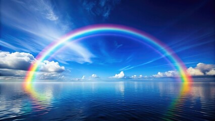 Serene Ocean Panorama with a Vibrant Rainbow Arcing Across a Calm Blue Sky and Reflecting in the Tranquil Waters