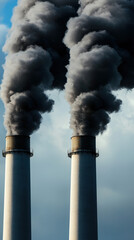 PM 2.5 air pollution health risk. Industrial smokestacks emitting thick black smoke against a cloudy sky.