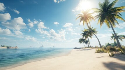 Obraz premium Beautiful Tropical Beach With Palm Trees, Crystal Clear Water, and Lush Mountains in the Background During a Sunny Day