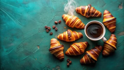 Aromatic Coffee and Flaky Croissants on a Textured Green Surface