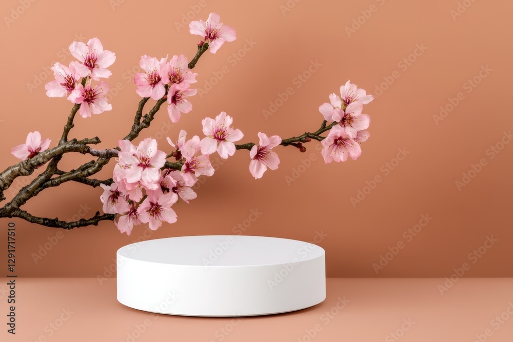 Poster Abstract minimal pink background with a podium for product presentation, 3D render mockup stage design. Front view. In the foreground, there is an empty display stand on which two cherry blossom