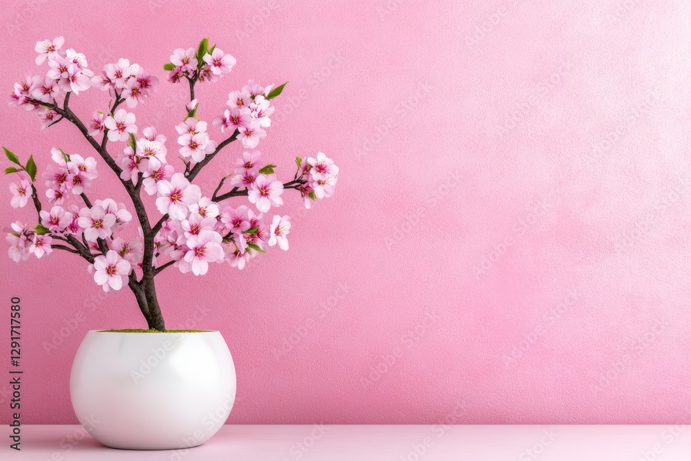 Poster Abstract minimal pink background with a podium for product presentation, 3D render mockup stage design. Front view. In the foreground, there is an empty display stand on which two cherry blossom