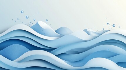 Abstract paper cut waves with bubbles, ocean, sea, water background.