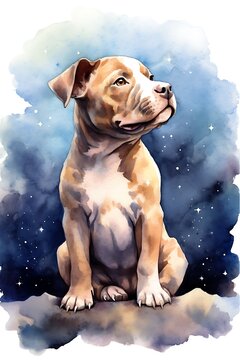 painting of a dog sitting on a rock with a starr sky in the background