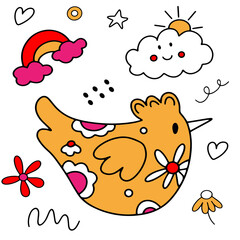 Cute chicken doodle pattern with rainbow, flowers, stars, and hearts in yellow color, fun children's design