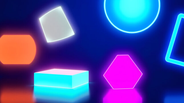 3d Glowing neon geometric shapes on dark background teal, blue, pink, purple, orange